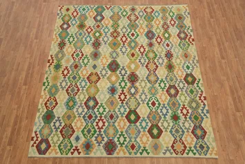Vibrant Multi-Colored Flat-Weave Kilim Rug with Unique Geometric Pattern 8x10
