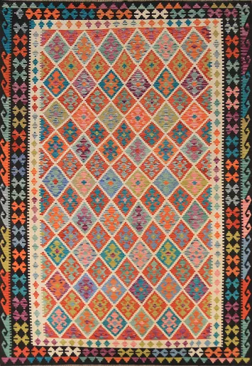 Colorful Flat Weave Trellis Kilim Wool Area Rug 8x12