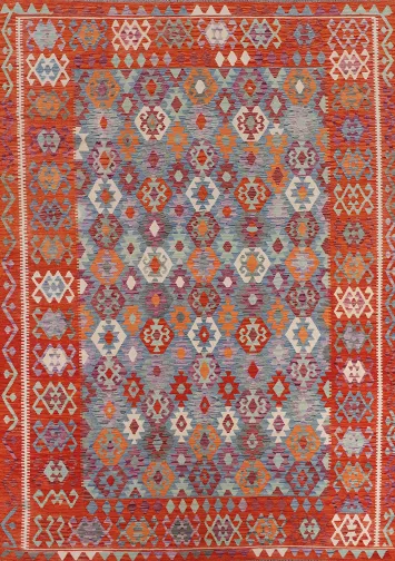 Orange & Blue Flat Weave Kilim Wool Area Rug 8x12