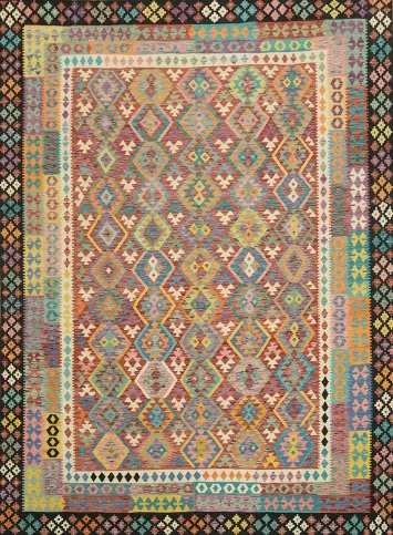 10x13 South Western 10x13 Kilim Rug - Hand-Woven Geometric Wool Color-full