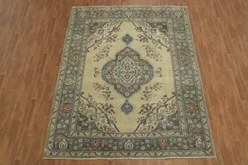 Geometric Distressed Vintage Tabriz Persian Area Rug 8x11