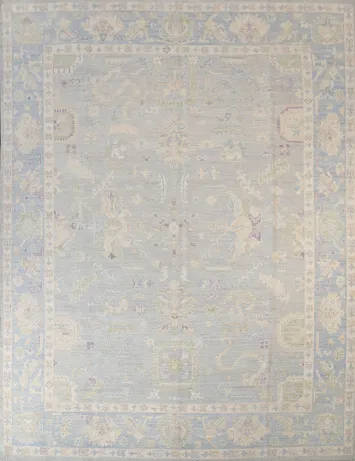 Pastel Toned Muted Grey Oushak Turkish Hand Knotted Rug 9x12 ft