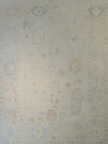 Classic Beige Oushak Turkish Rug Featuring Soft Blue Traditional Motifs 9x12 ft