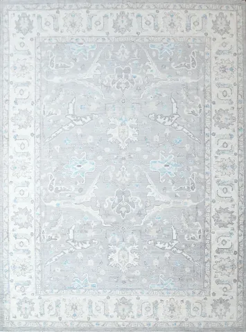 Vegetable Dye Grey and White Oushak Turkish Area Rug 9x12
