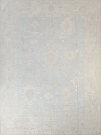 Muted Blue and White Oushak Turkish Living Room Rug 9x12