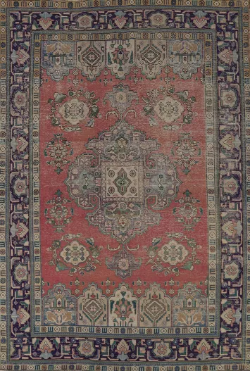 Vintage Geometric Tabriz Persian Area Rug 7x10