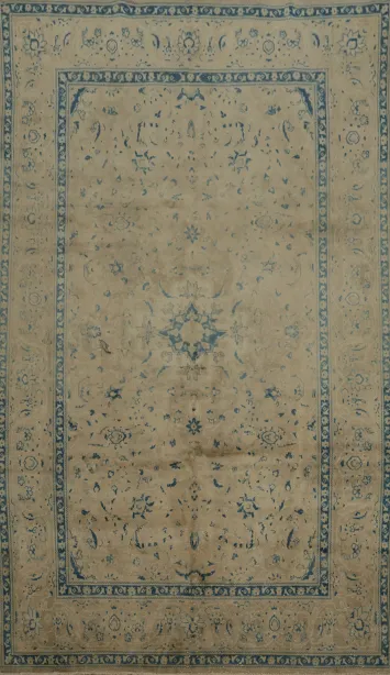 Classic Kashan Persian Area Rug 7x11 in Subtle Blues and Warm Earthy Tones