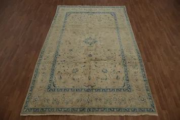 Classic Kashan Persian Area Rug 7x11 in Subtle Blues and Warm Earthy Tones