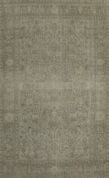 Distressed Faded Traditional Geometric Beige and Gray Tabriz Persian Rug 9x12