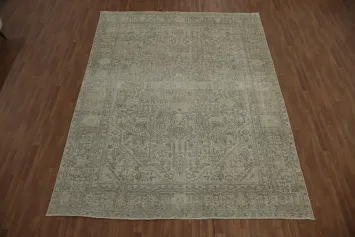 Distressed Faded Traditional Geometric Beige and Gray Tabriz Persian Rug 9x12