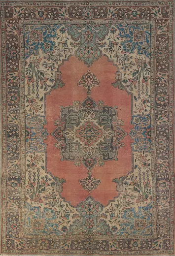 Pink Wool Geometric Tabriz Persian Area Rug 7x10