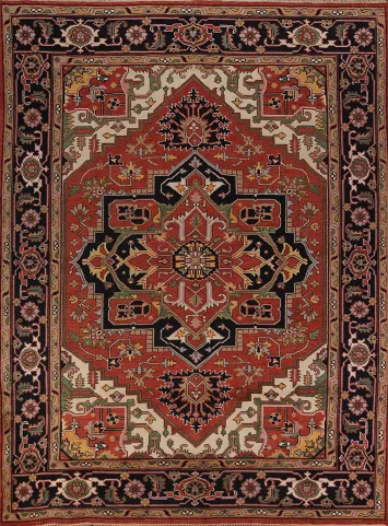 Exquisite Rust Red and Black Geometric Patterned Heriz Serapi Rug 9x12