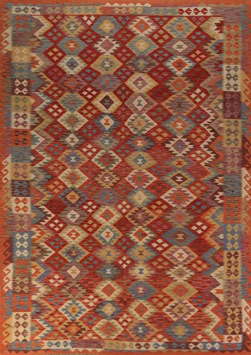 All-Over Orange Kilim Reversible Wool Area Rug 8x11