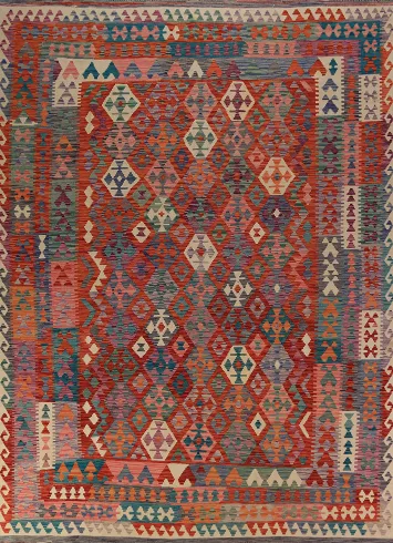 Geometric Kilim Reversible Wool Area Rug 8x11