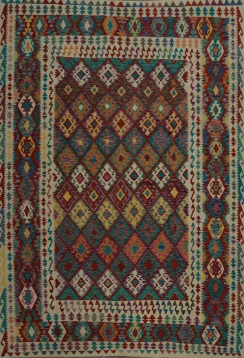 Rustic Charm Multicolored Geometric Kilim Large Area Rug 10x13