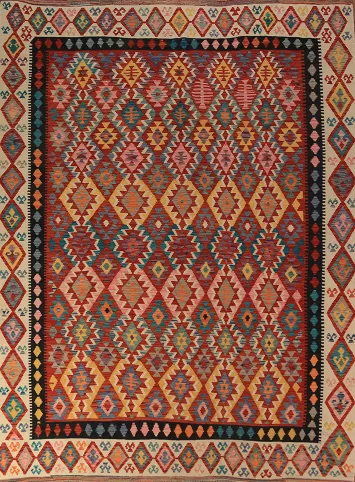 Geometric Kilim Reversible Wool Area Rug 8x11
