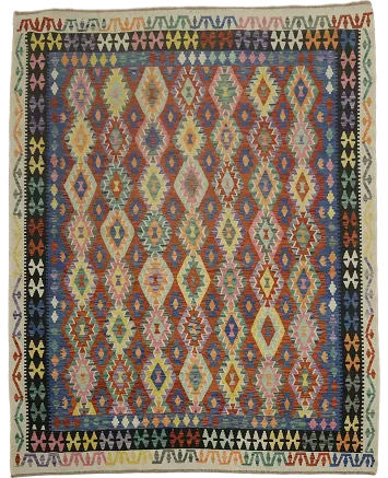 Colorful Kilim Style Rug with Intricate Diamond Designs 8x10