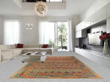 Handwoven Kilim Rug with Colorful Geometric Patterns 10x16