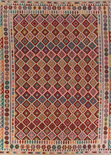Reversible Wool Trellis Kilim Oriental Area Rug 10x13