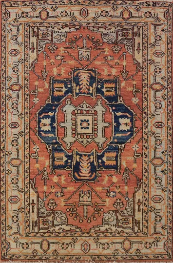 Orange Wool Heriz Serapi Vegetable Dye Accent Rug 3x5