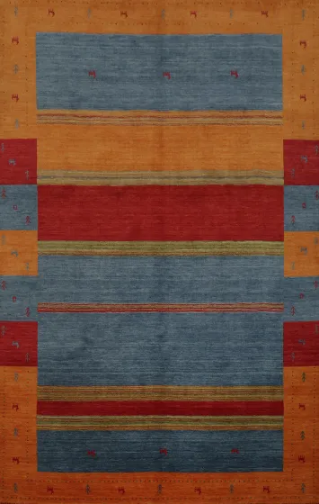 Vibrant Striped Blue and Orange Gabbeh Rug with a Modern Geometric Pattern 7x10