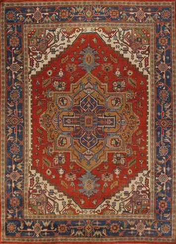 Orange Wool Medallion Heriz Serapi Indian Area Rug 9x12