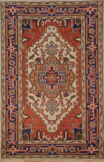 Ivory & Orange Wool Heriz Serapi Indian Rug 3x5