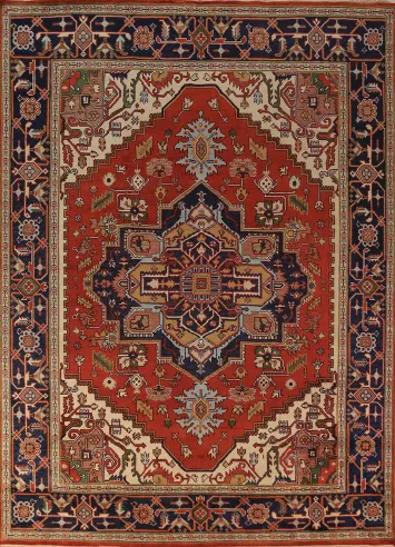 Orange Wool Medallion Heriz Serapi Indian Area Rug 9x12
