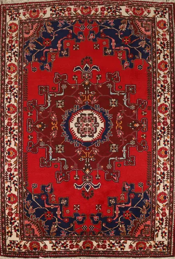 Red Geometric Wool Hamedan Persian Rug 5x6
