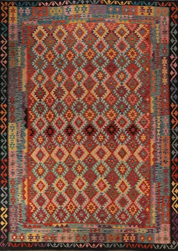 Flat Weave Wool Trellis Kilim Oriental Area Rug 10x13