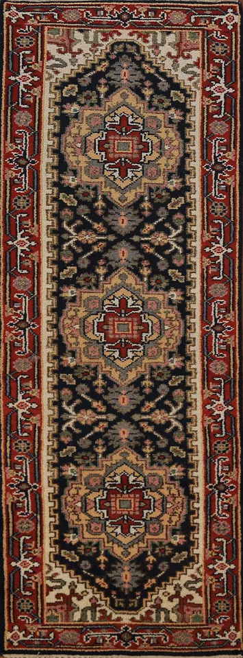 Wool Dark Navy Blue Heriz Serapi Indian Runner Rug 2x8