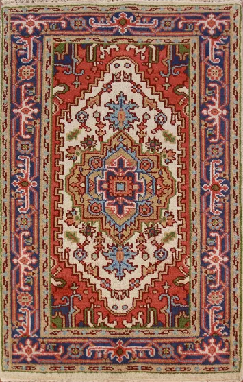 Ivory Geometric Heriz Serapi Indian Foyer Rug 3x5