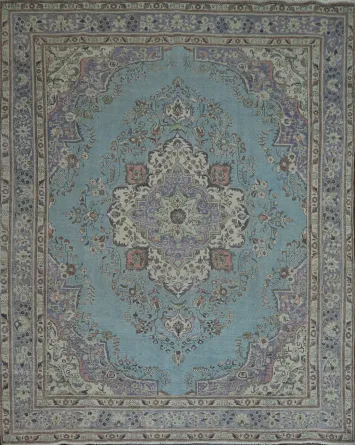 Light Blue Medallion Wool Tabriz Persian Area Rug 10x12
