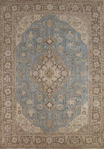 Light Blue Geometric Tabriz Persian Area Rug 7x9