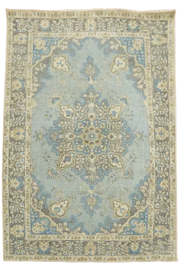 Distressed Vintage Blue and Beige Tabriz Persian Area Rug 6'x9'