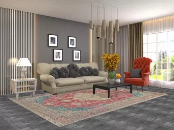 Pink Red Wool Geometric Tabriz Persian Area Rug 7x10