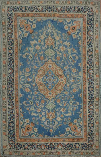 Blue & Orange Wool Tabriz Persian Area Rug 7x9