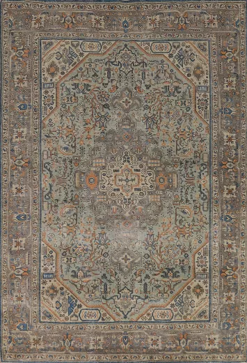 Green Geometric Tabriz Persian Area Rug 7x10