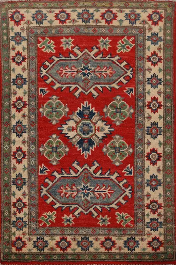 Red Wool Geometric Kazak Oriental Accent Rug 2x3
