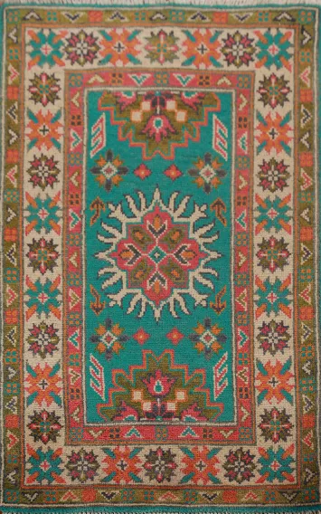 Turquoise Wool Kazak Oriental Accent Rug 2x3