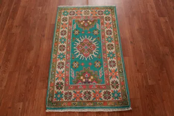Turquoise Wool Kazak Oriental Accent Rug 2x3