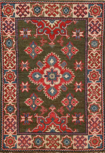 Green Wool Kazak Oriental Accent Rug 2x3