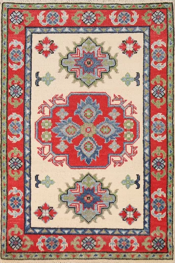 Ivory Wool Geometric Kazak Oriental Accent Rug 2x3