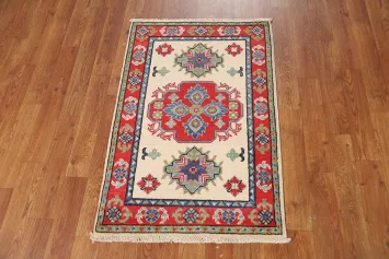 Ivory Wool Geometric Kazak Oriental Accent Rug 2x3