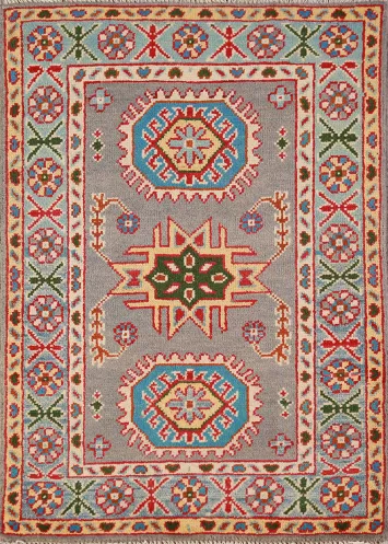 Gray & Blue Geometric Wool Kazak Oriental Foyer Rug 2x3