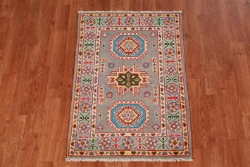 Gray & Blue Geometric Wool Kazak Oriental Foyer Rug 2x3
