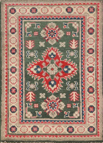 Green Wool Geometric Kazak Oriental Accent Rug 2x3