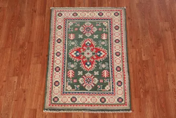 Green Wool Geometric Kazak Oriental Accent Rug 2x3