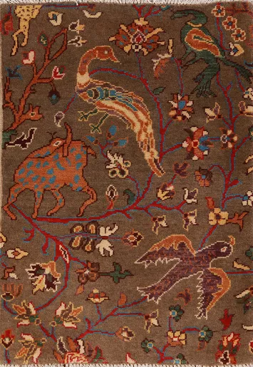 Brown Animals Wool Kazak Oriental Accent Rug 2x3