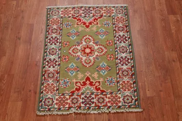 Green Wool Geometric Kazak Oriental Accent Rug 2x3